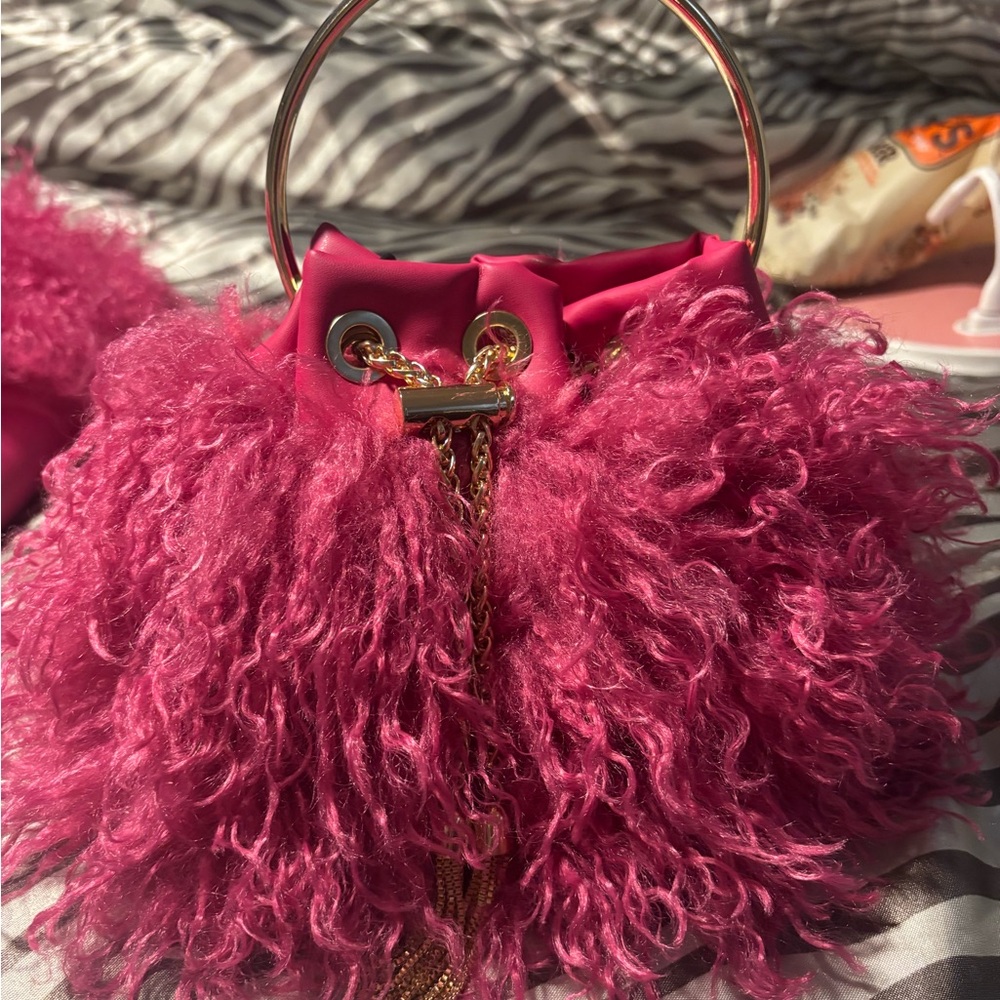 Chic Pink Fur Clutch with Gold Accents